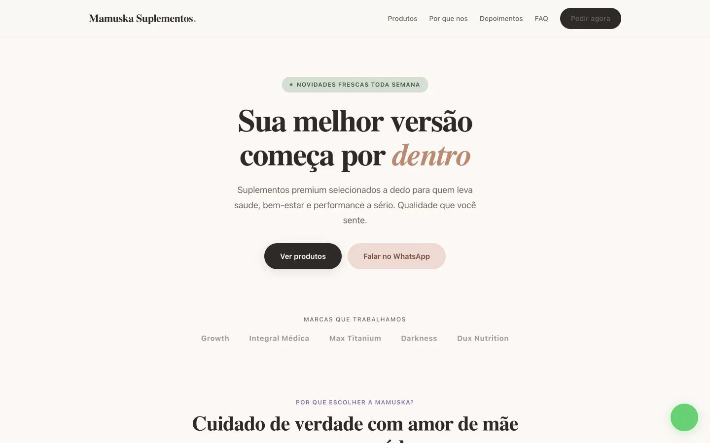 Conceito Mamuska Suplementos em linguagem visual suave e contemporânea — interface do site