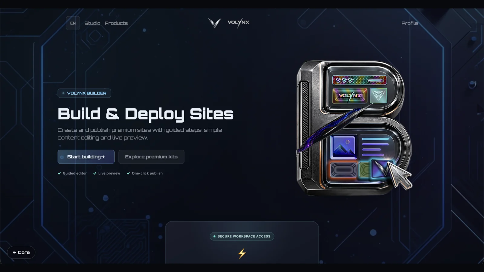 Interface do VOLYNX Builder para criação e publicação de sites
